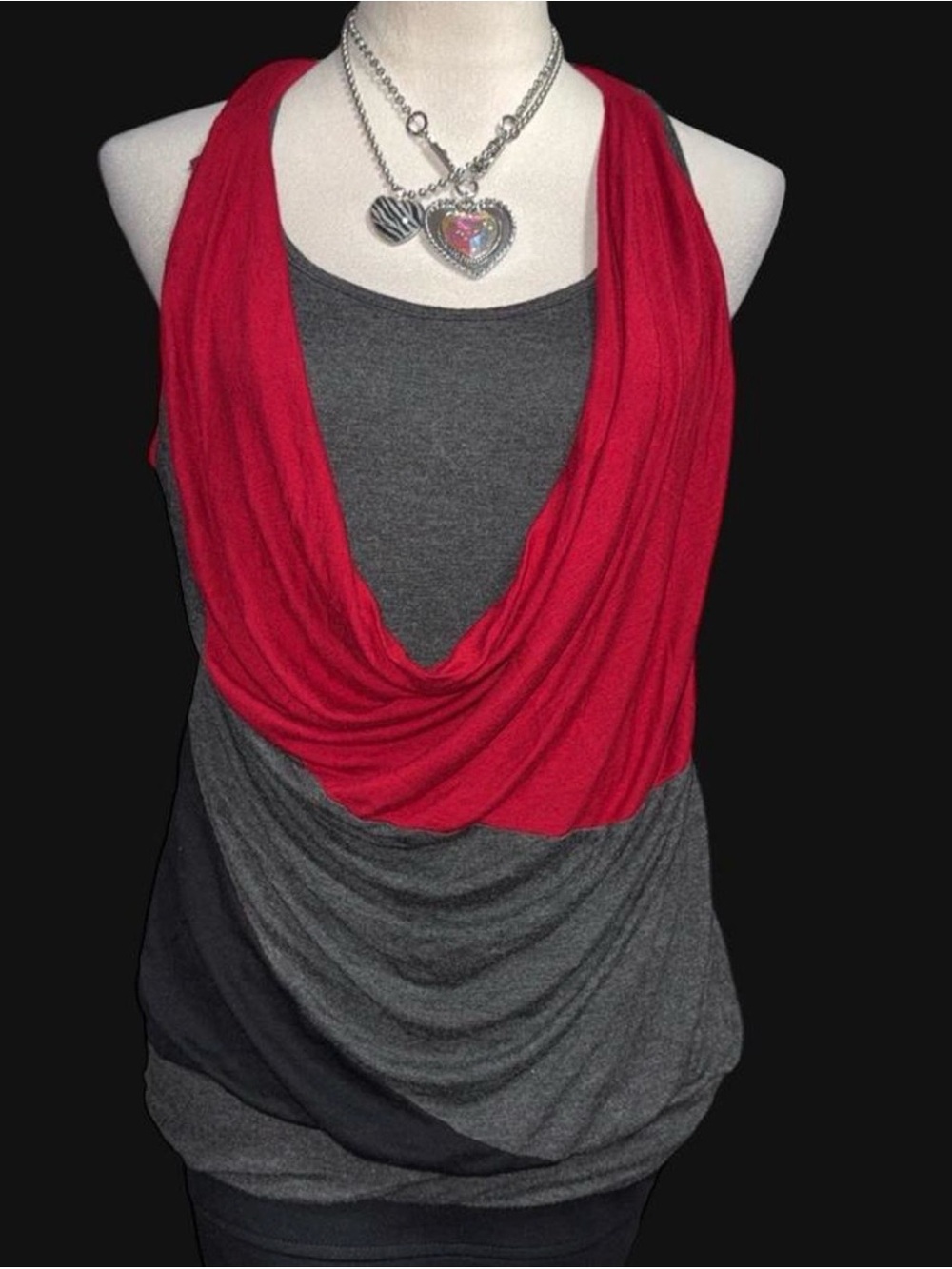 Lavish Two-Tone Draped Cowl Tank Top in Red and Charcoal